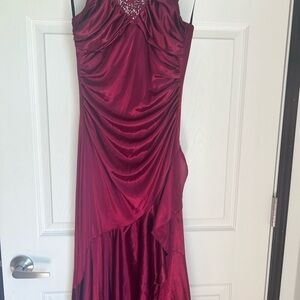 Jodi Kristopher Red Asymmetrical Ruched Halter Gown